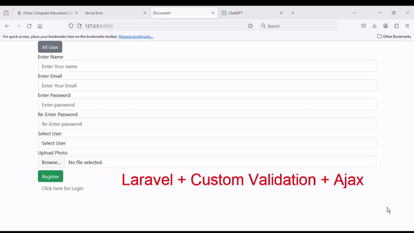 Registration Form Submit Laravel Custom Validation with Ajax (CRUD)